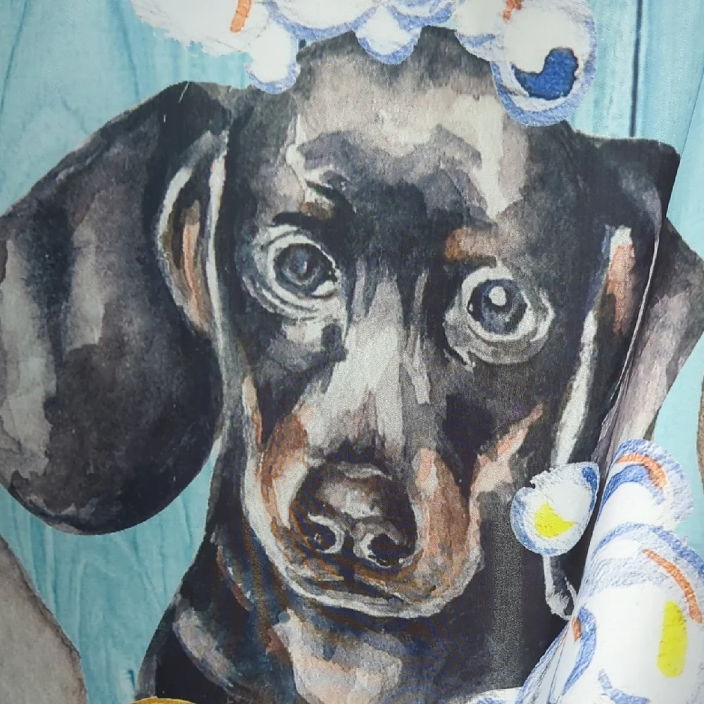 Cute Dog Shower Curtain with Blue and Pink Accents